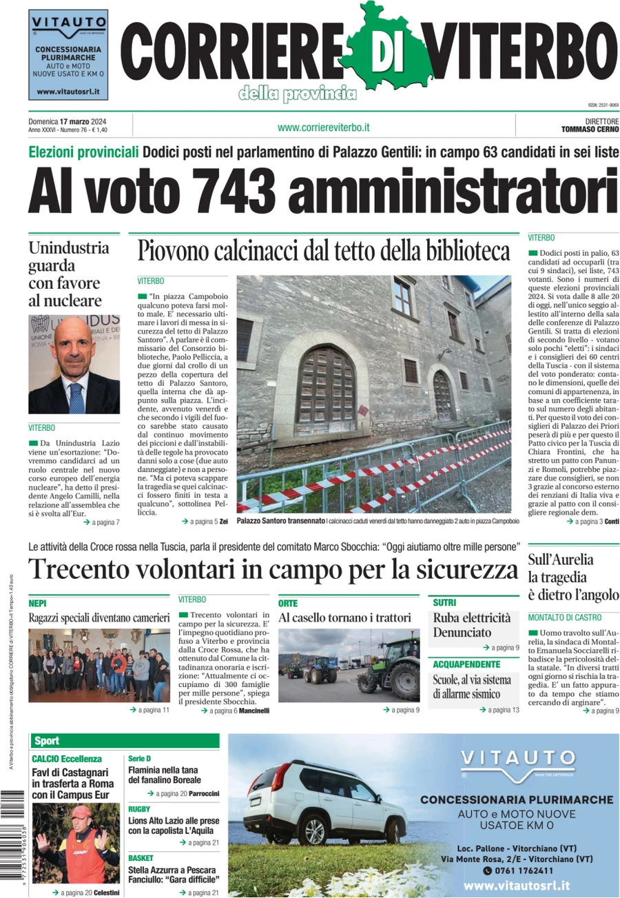 prima pagina - Corriere di Viterbo del 17/03/2024