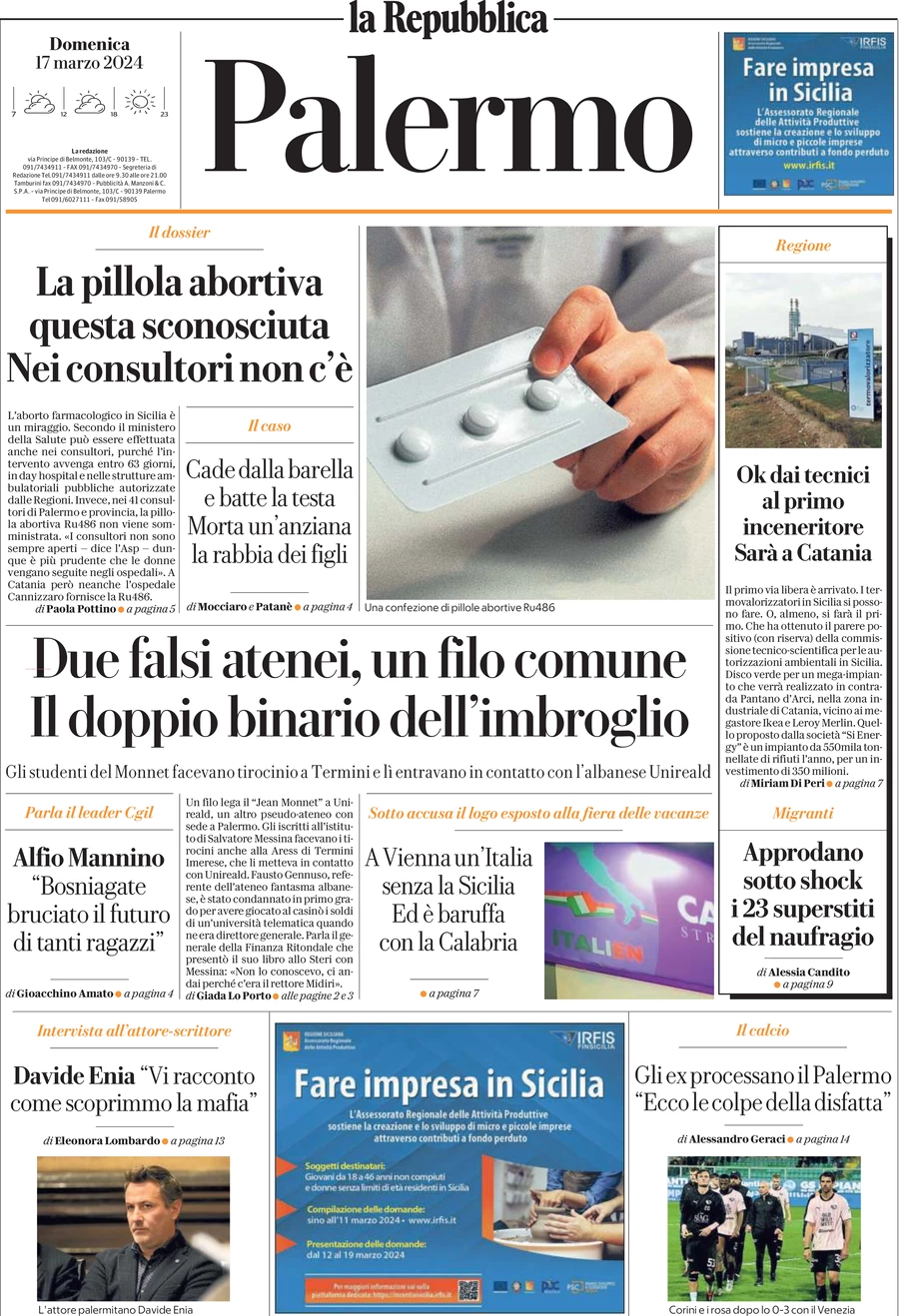 prima pagina - La Repubblica (Palermo) del 17/03/2024
