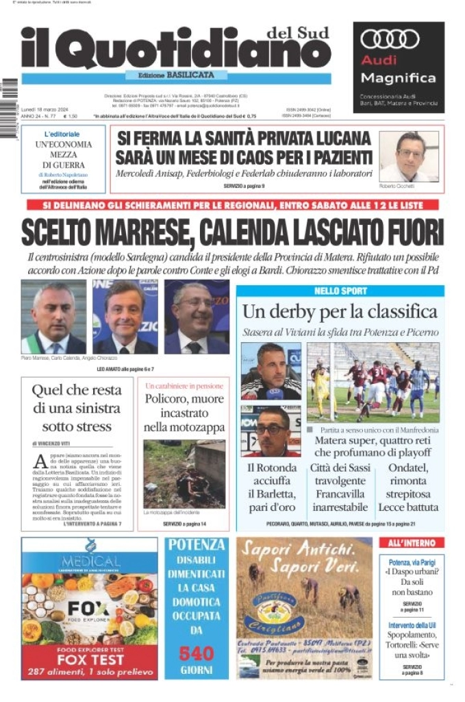 prima pagina - Il Quotidiano del Sud (Basilicata) del 18/03/2024
