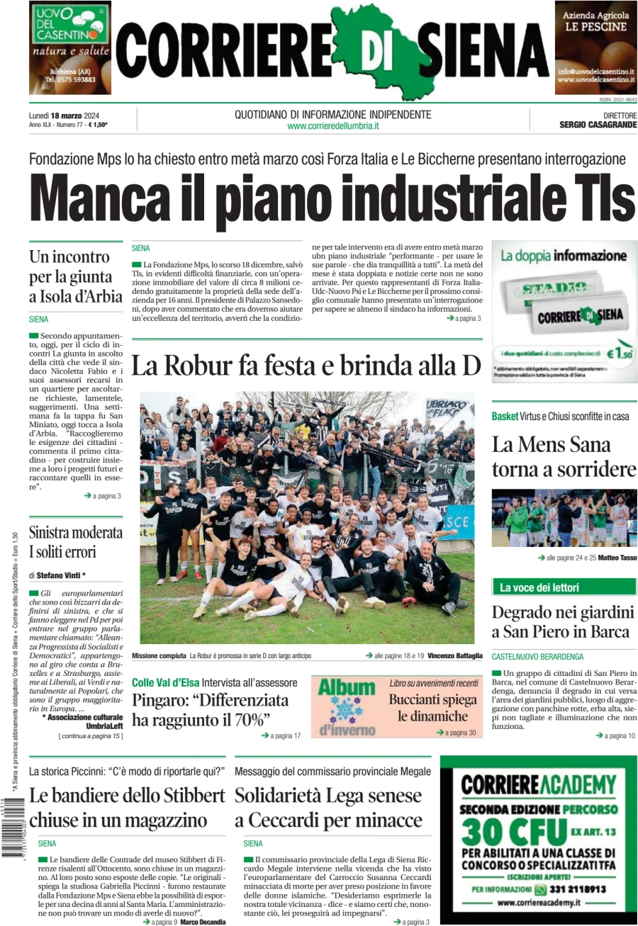 prima pagina - Corriere di Siena del 18/03/2024