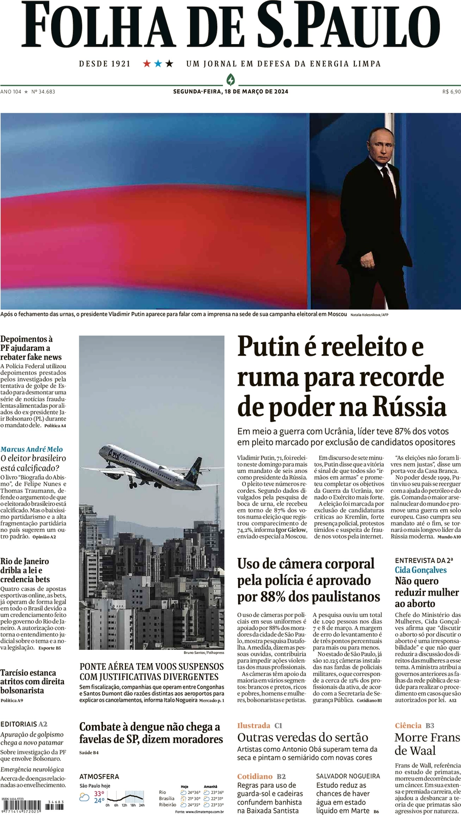 anteprima della prima pagina di folha-de-s.paulo del 18/03/2024