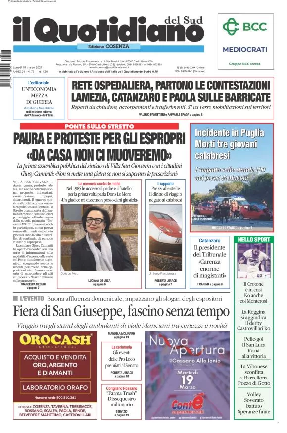 prima pagina - Il Quotidiano del Sud (Cosenza) del 18/03/2024