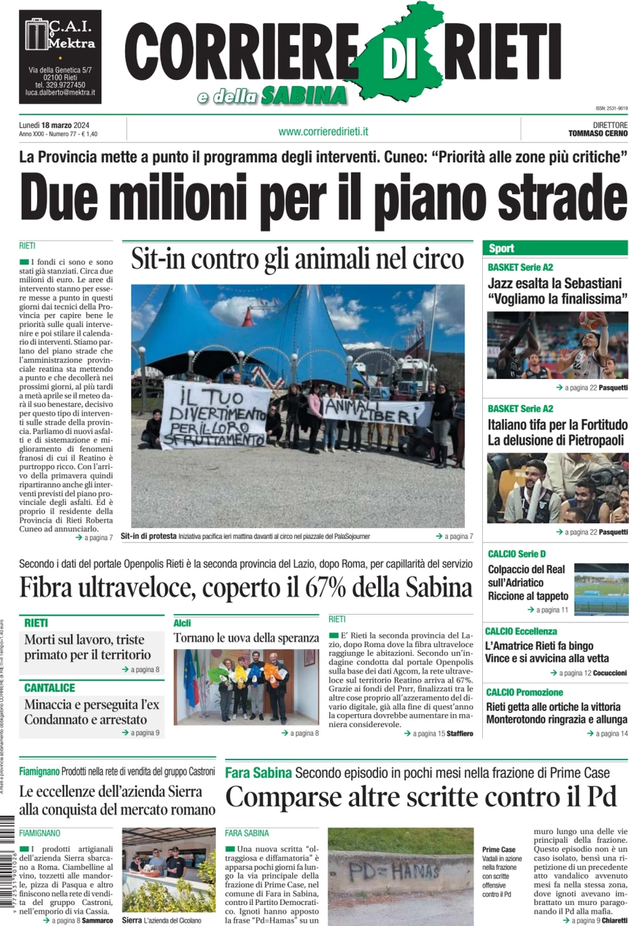 prima pagina - Corriere di Rieti e della Sabina del 18/03/2024
