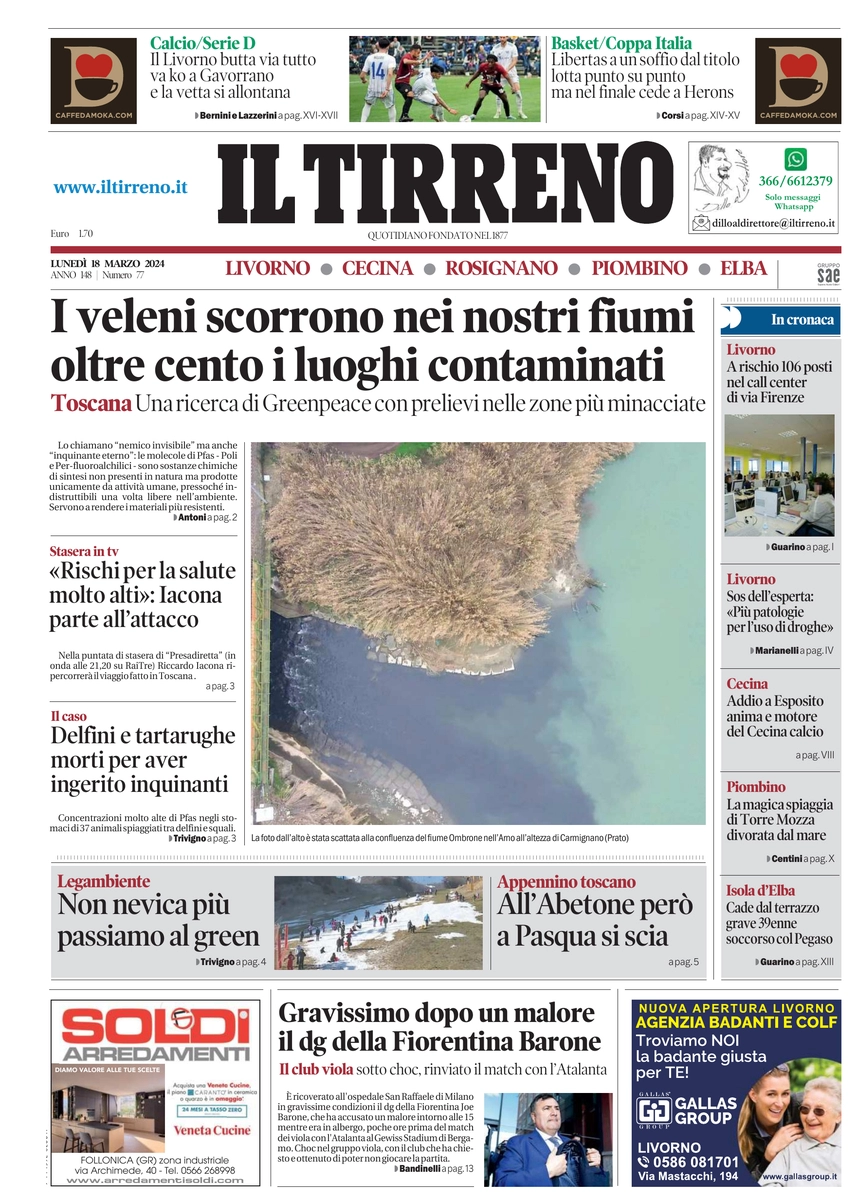 prima pagina - Il Tirreno (Livorno, Cecina) del 18/03/2024