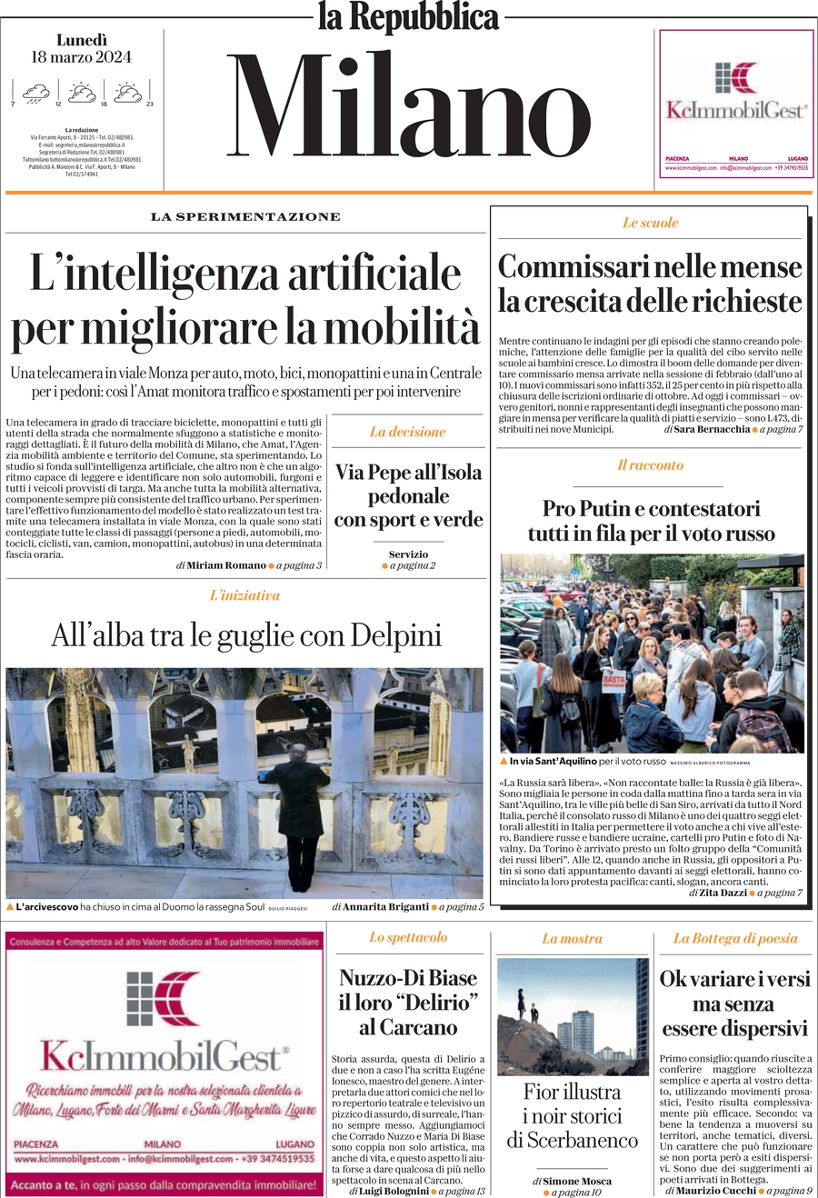 prima pagina - La Repubblica (Milano) del 18/03/2024