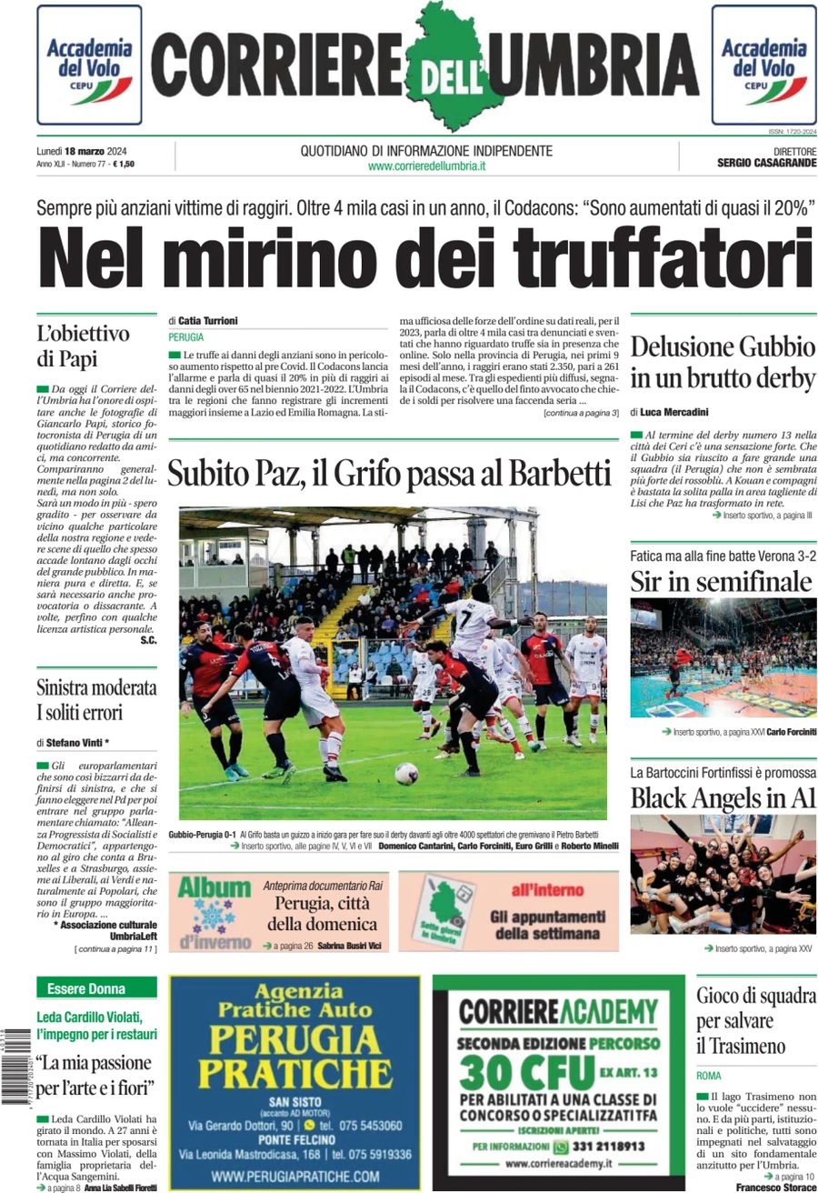prima pagina - Corriere dell'Umbria del 18/03/2024