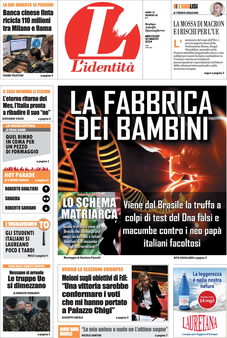 anteprima della prima pagina di lidentit del 19/03/2024