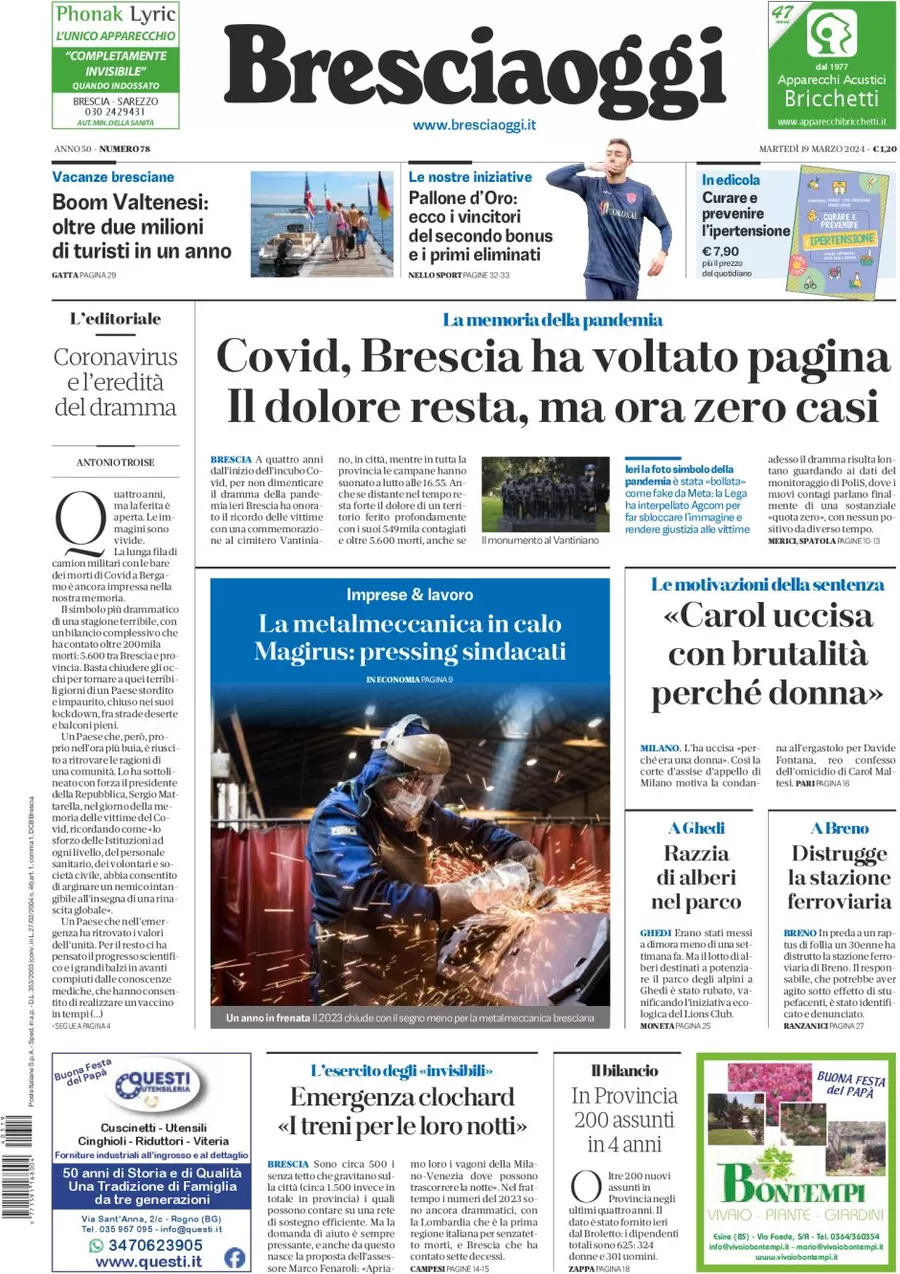 prima pagina - Brescia Oggi del 19/03/2024