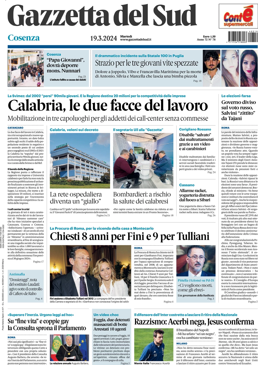 prima pagina - Gazzetta del Sud (Cosenza) del 19/03/2024