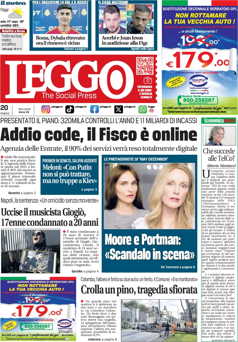 anteprima della prima pagina di leggo-roma del 19/03/2024