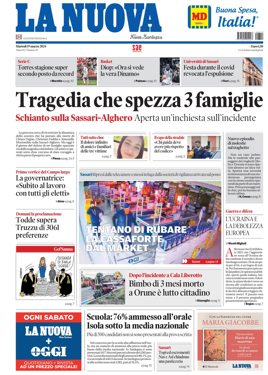 prima pagina - La Nuova Sardegna del 19/03/2024