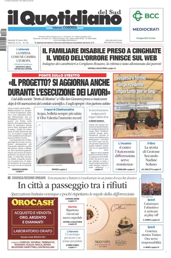 prima pagina - Il Quotidiano del Sud (Cosenza) del 20/03/2024