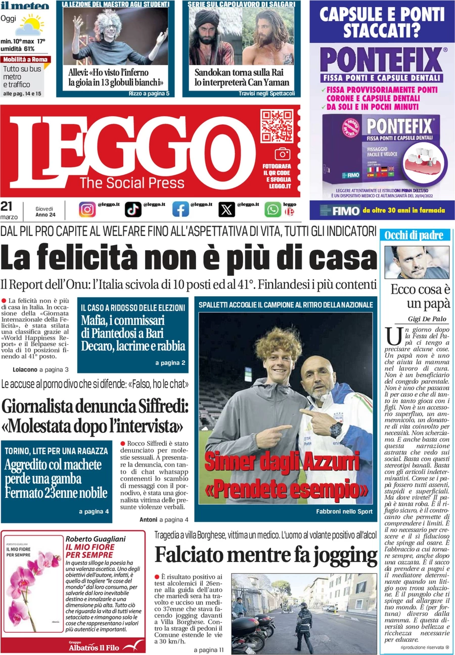 anteprima della prima pagina di leggo-roma del 20/03/2024