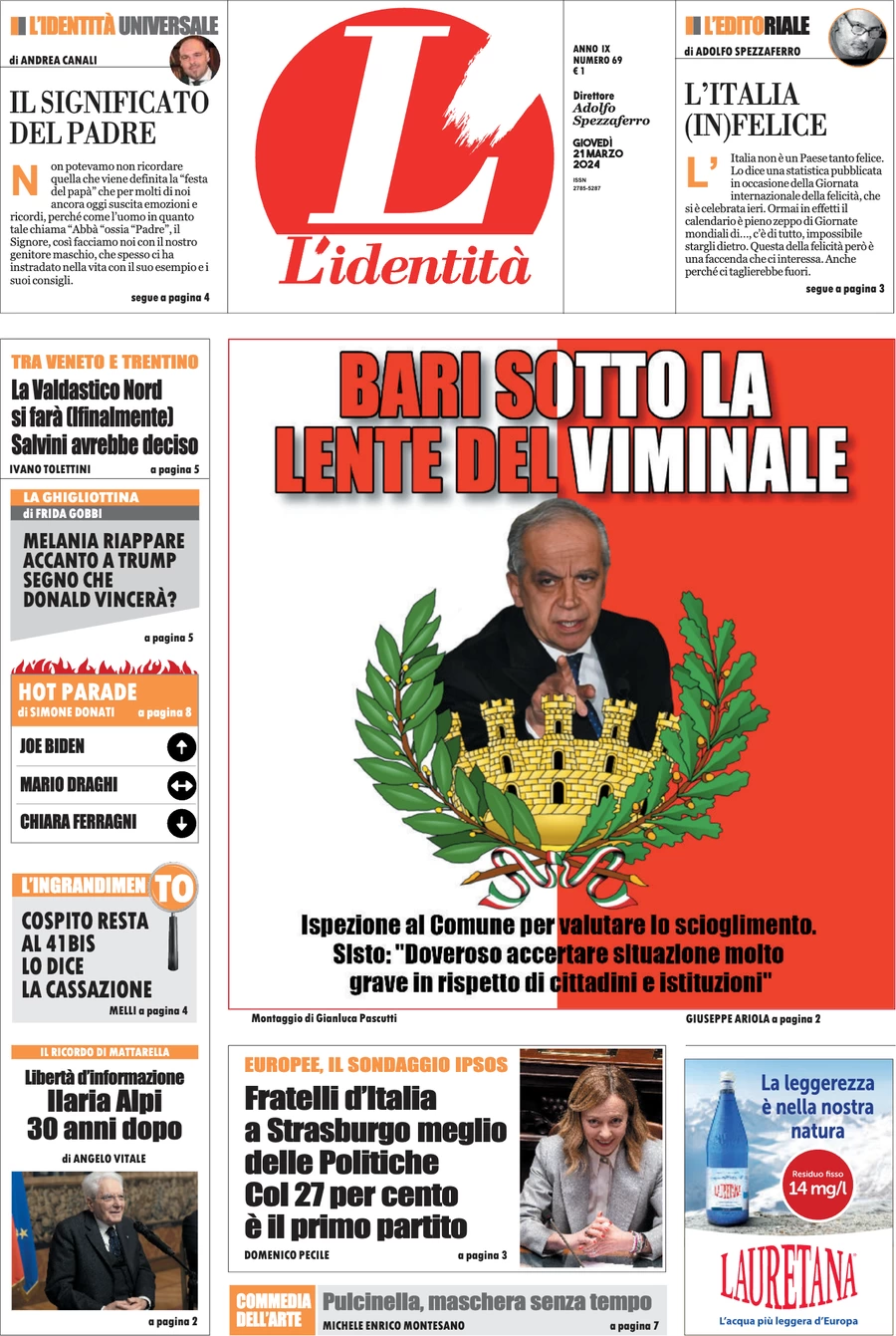 anteprima della prima pagina di lidentit del 20/03/2024