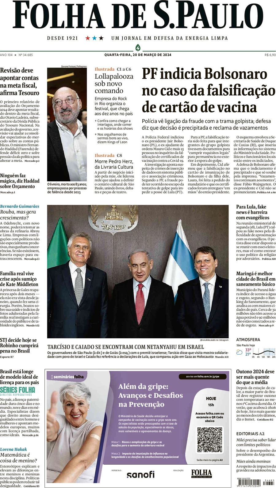 anteprima della prima pagina di folha-de-s.paulo del 20/03/2024