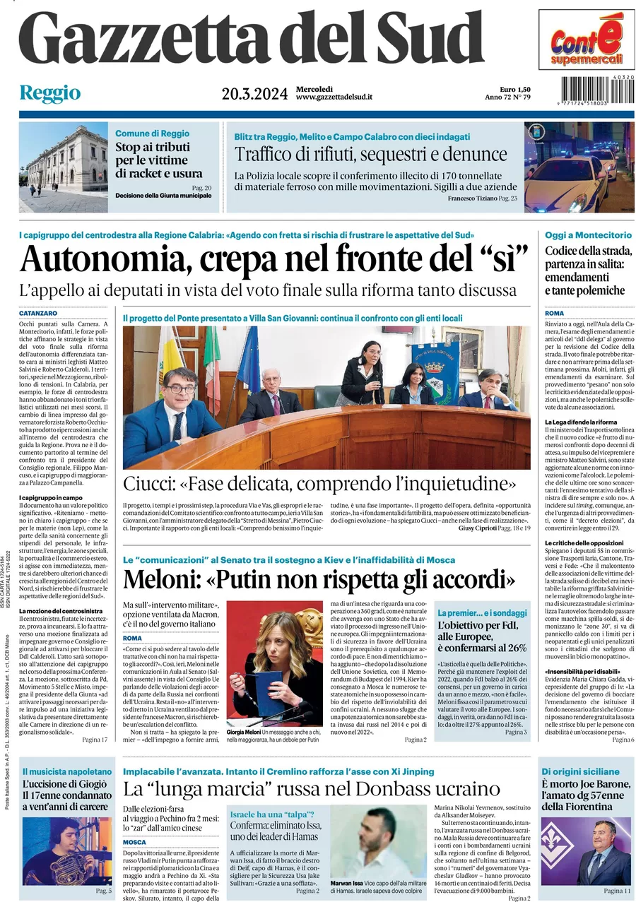 prima pagina - Gazzetta del Sud (Reggio Calabria) del 20/03/2024