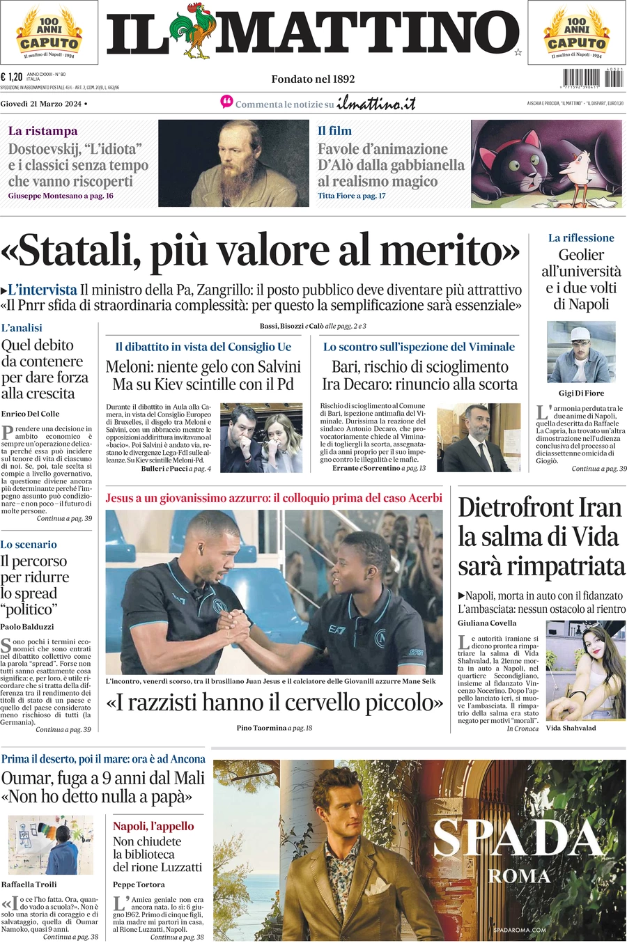 anteprima della prima pagina di il-mattino del 21/03/2024