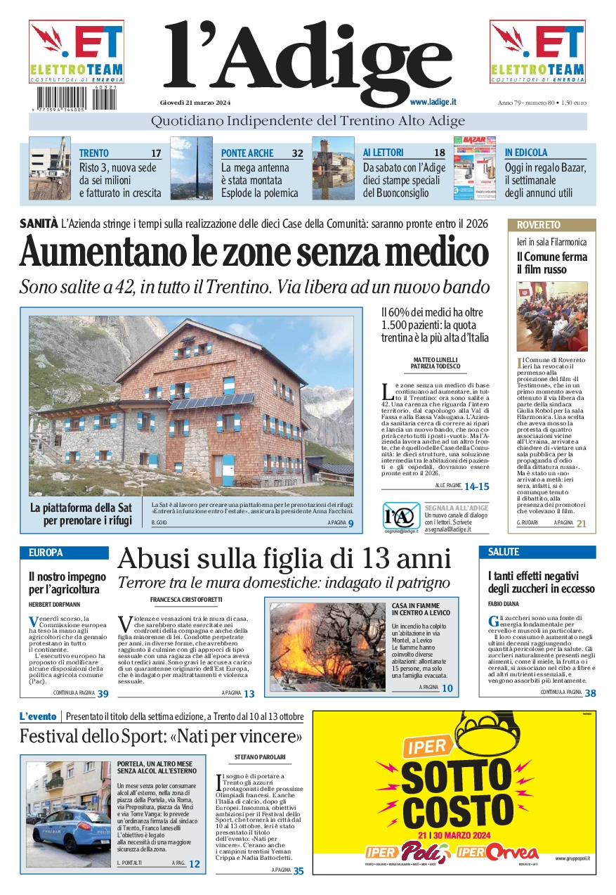 prima pagina - L'Adige del 21/03/2024