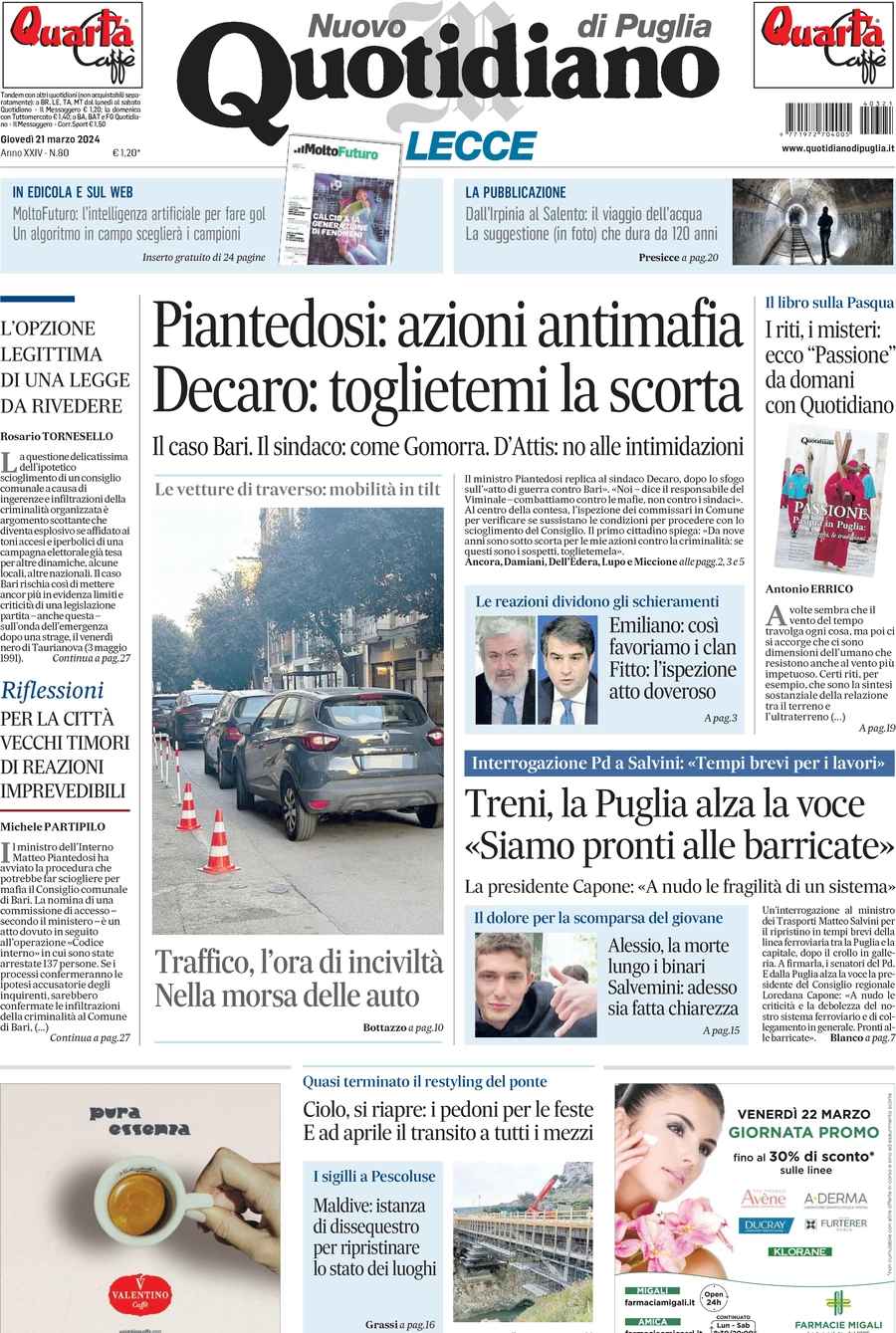 prima pagina - Nuovo Quotidiano di Puglia (Lecce) del 21/03/2024