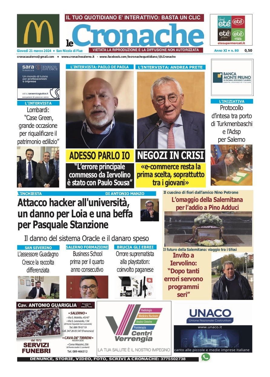 prima pagina - Le Cronache (Salerno) del 21/03/2024