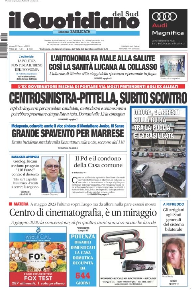 prima pagina - Il Quotidiano del Sud (Basilicata) del 22/03/2024