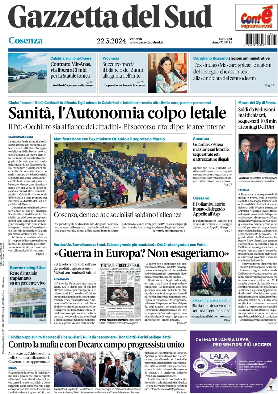 prima pagina - Gazzetta del Sud (Cosenza) del 22/03/2024