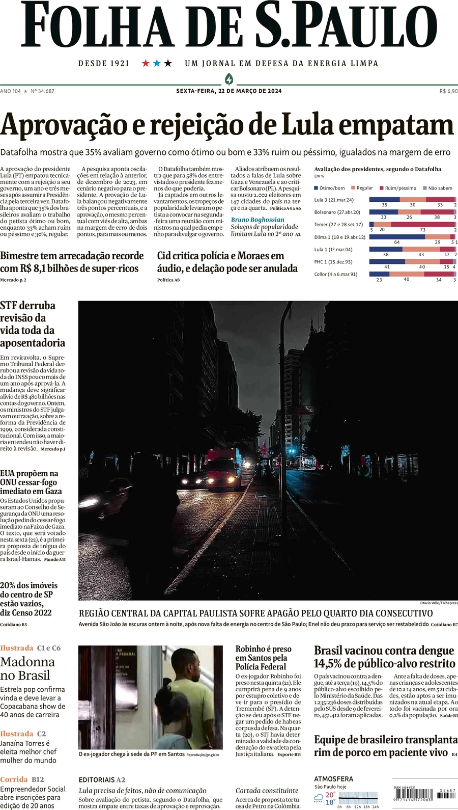 anteprima della prima pagina di folha-de-s.paulo del 22/03/2024