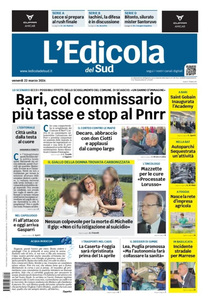 prima pagina - L'Edicola del Sud (Bari, Foggia, Basilicata) del 22/03/2024