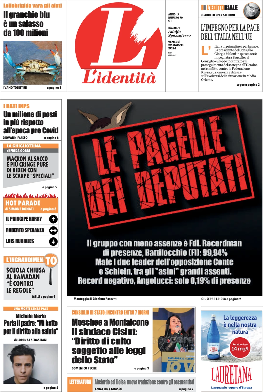 anteprima della prima pagina di lidentit del 22/03/2024