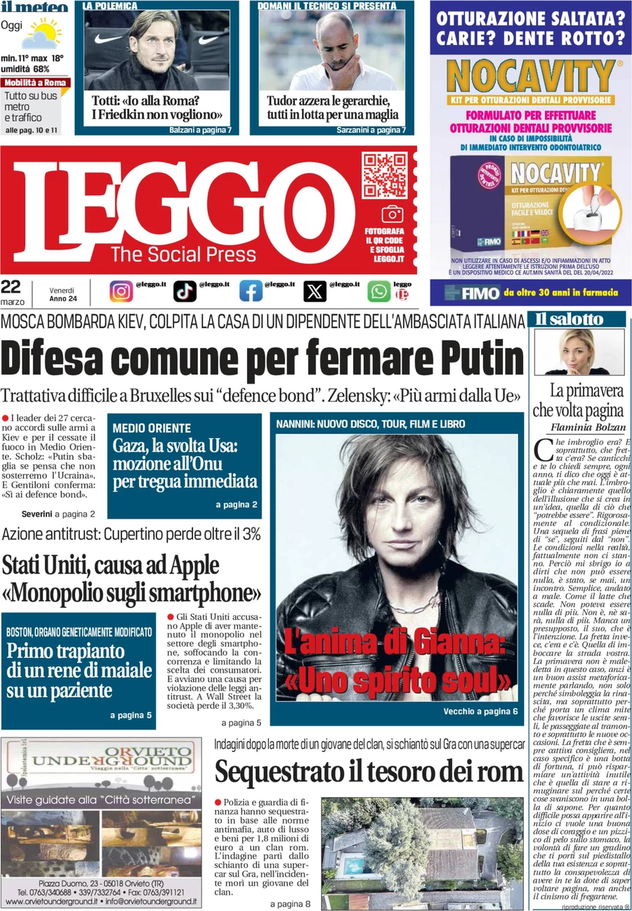 anteprima della prima pagina di leggo-roma del 22/03/2024