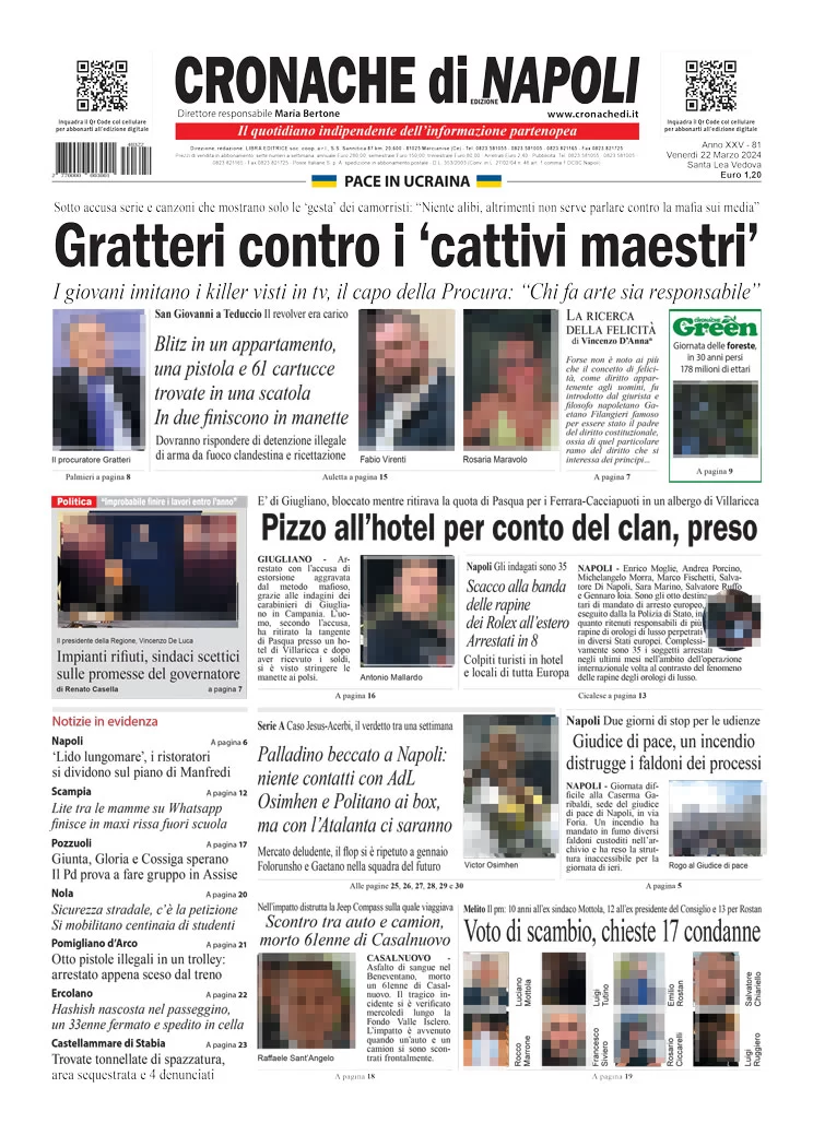 anteprima della prima pagina di cronache-di-napoli del 22/03/2024