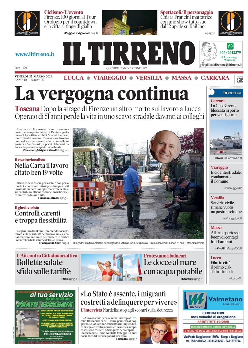 prima pagina - Il Tirreno (Lucca, Viareggio) del 22/03/2024