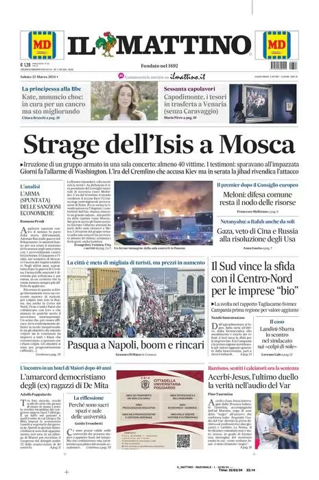 anteprima della prima pagina di il-mattino del 22/03/2024