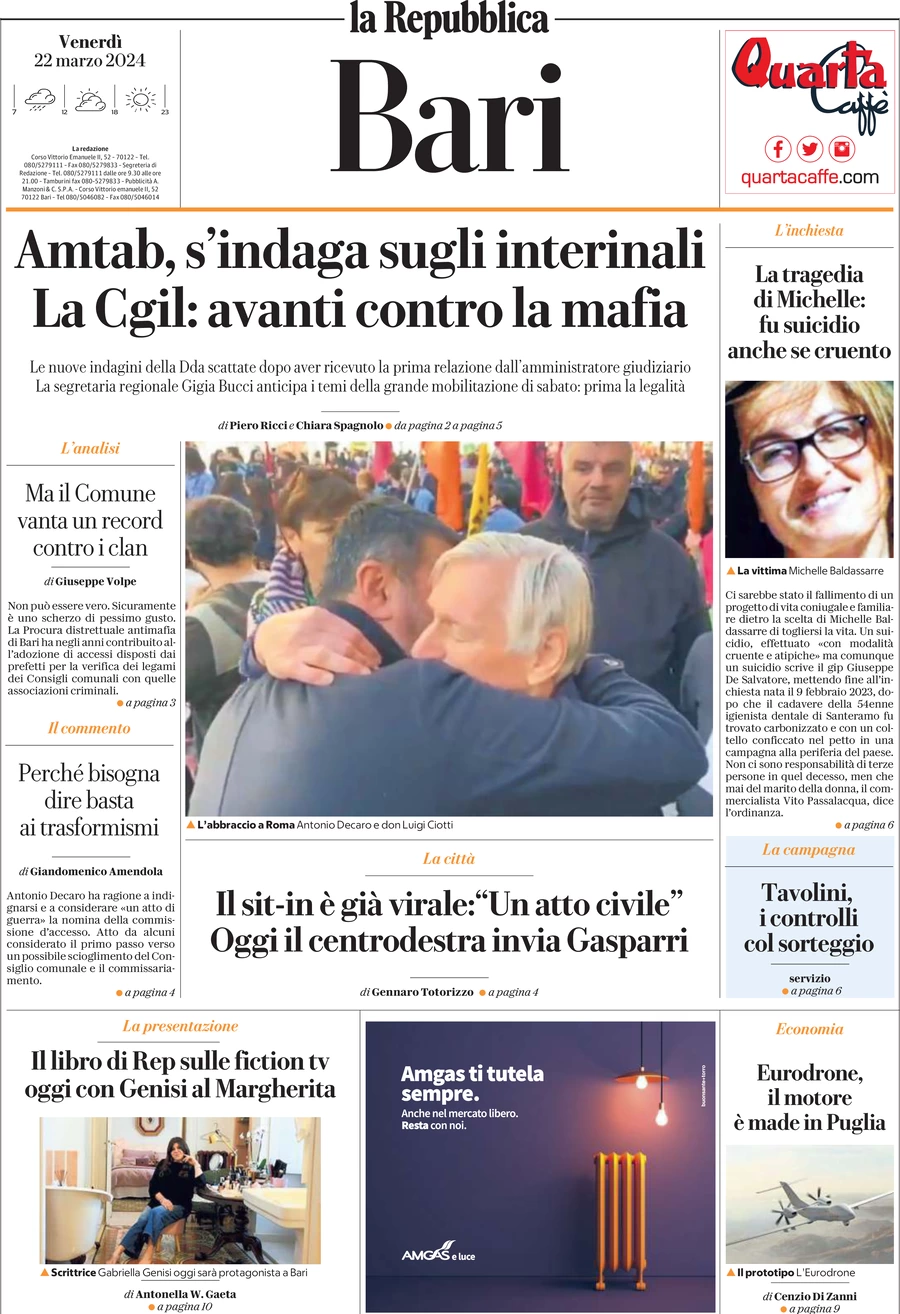 prima pagina - La Repubblica (Bari) del 22/03/2024