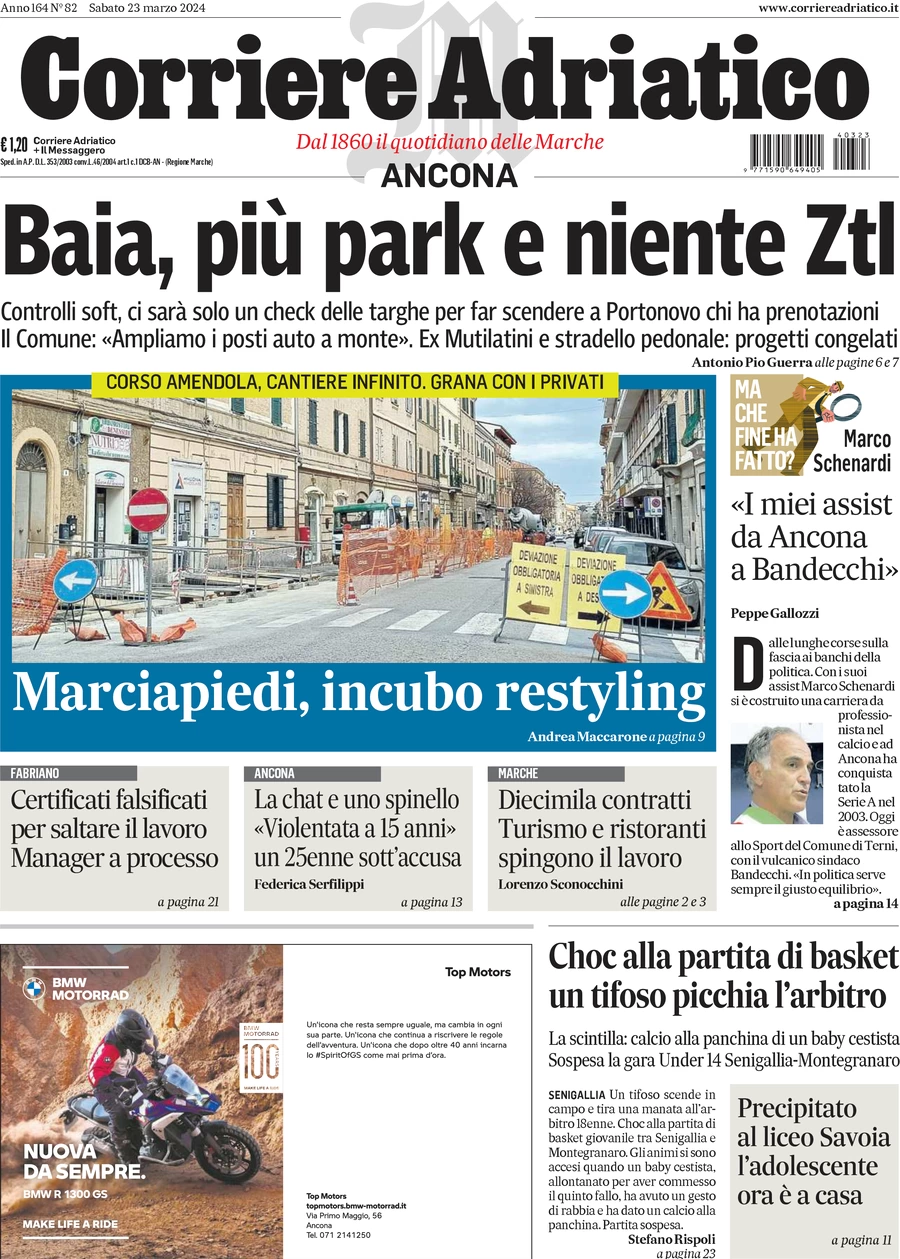 prima pagina - Corriere Adriatico (Ancona) del 23/03/2024