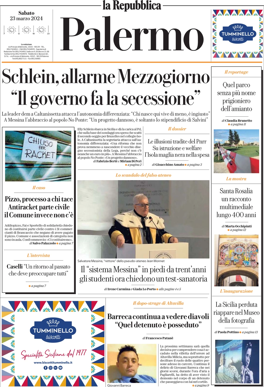 prima pagina - La Repubblica (Palermo) del 23/03/2024
