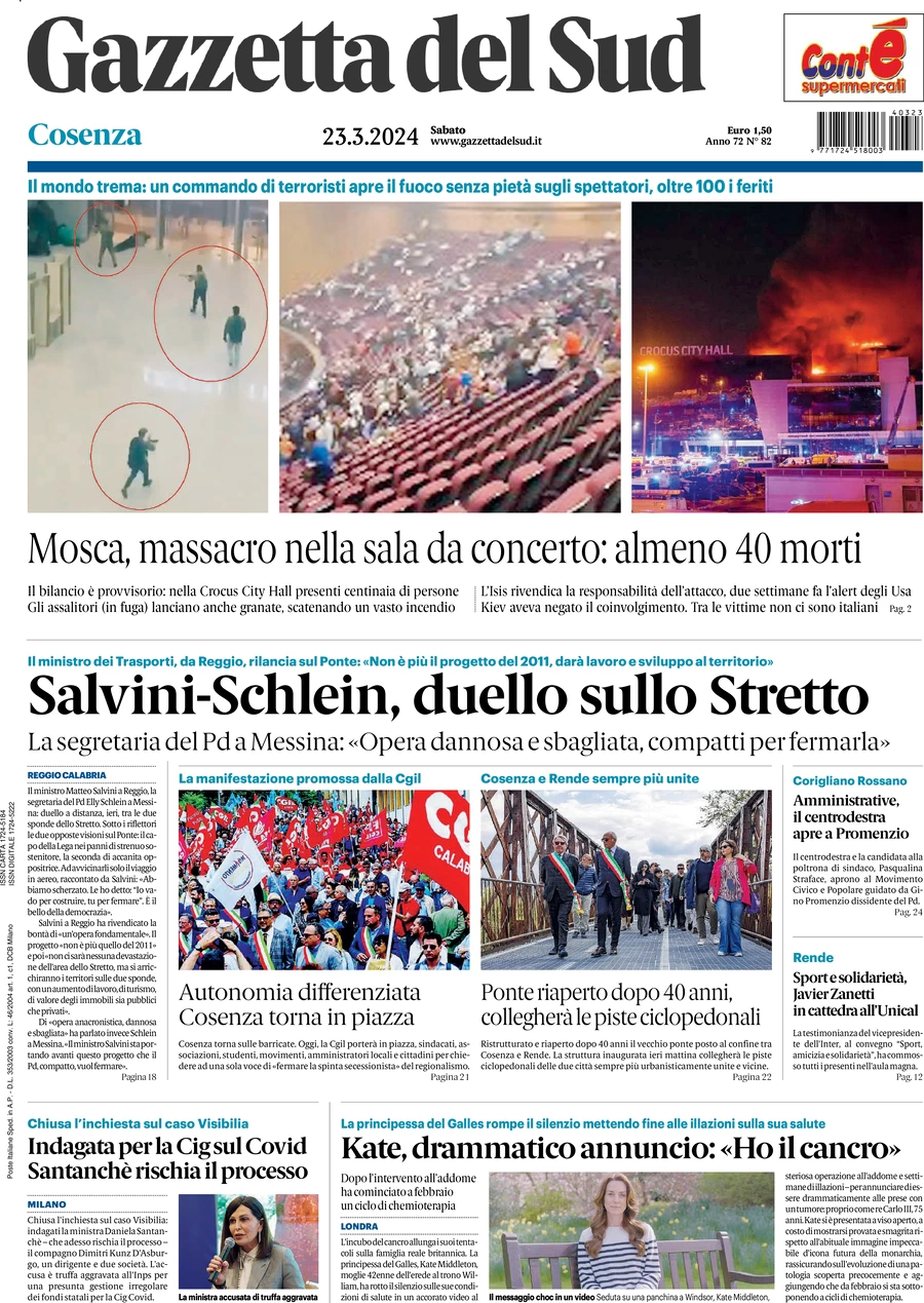 prima pagina - Gazzetta del Sud (Cosenza) del 23/03/2024