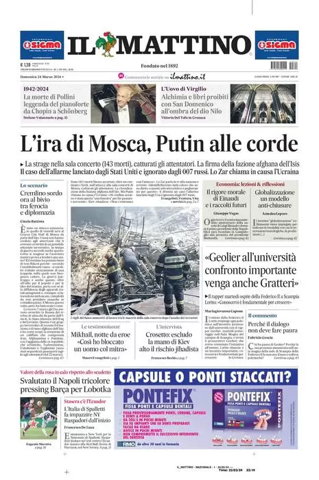 anteprima della prima pagina di il-mattino del 23/03/2024