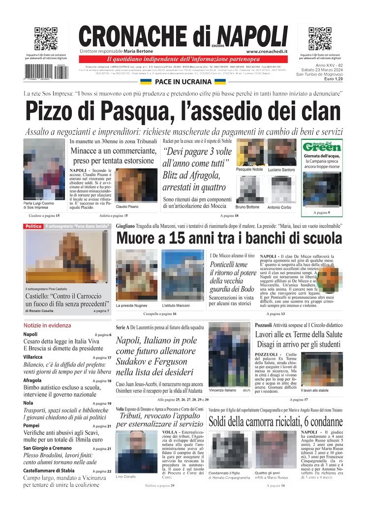 anteprima della prima pagina di cronache-di-napoli del 23/03/2024