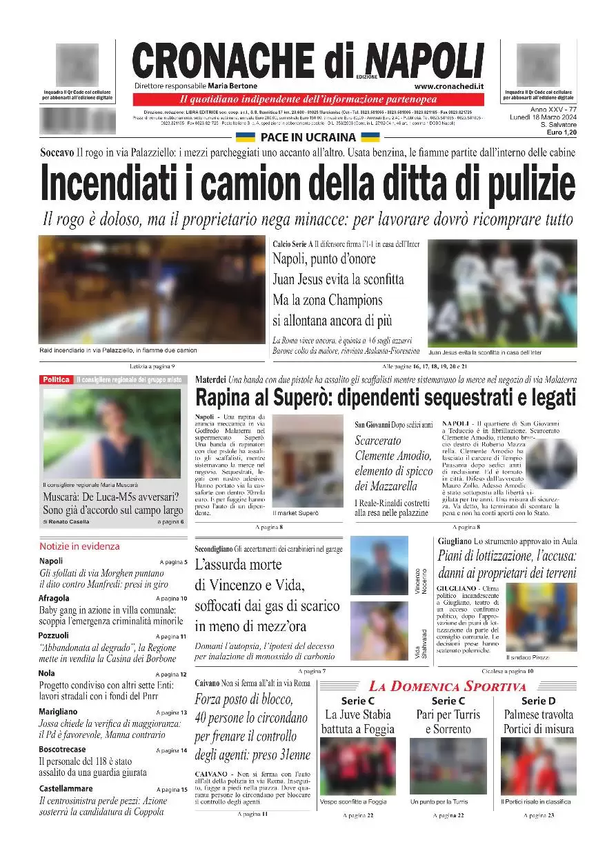 anteprima della prima pagina di cronache-di-napoli del 24/03/2024