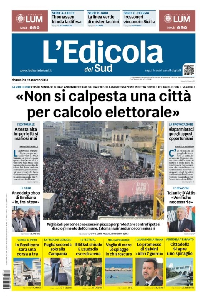 prima pagina - L'Edicola del Sud (Bari, Foggia, Basilicata) del 24/03/2024