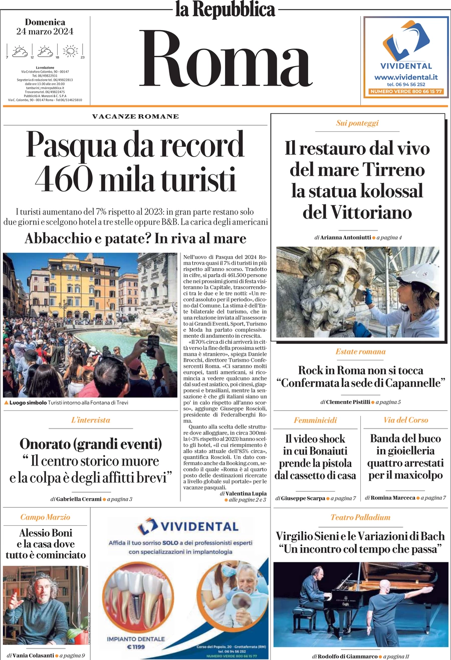 prima pagina - La Repubblica (Roma) del 24/03/2024
