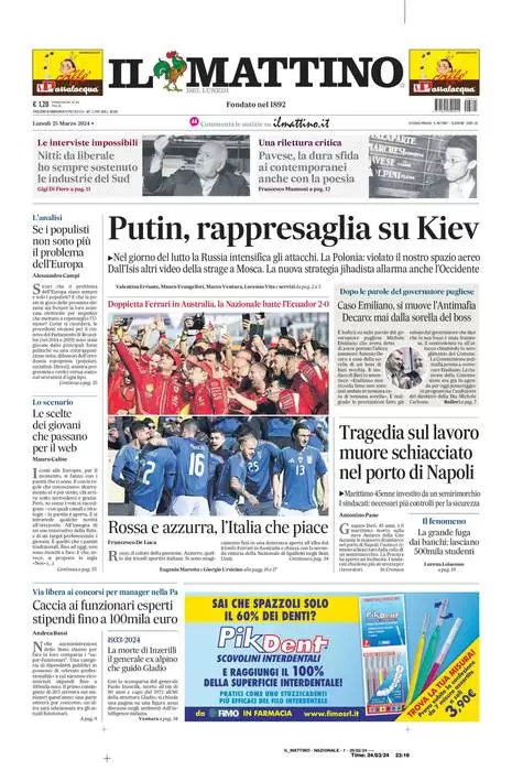 anteprima della prima pagina di il-mattino del 24/03/2024