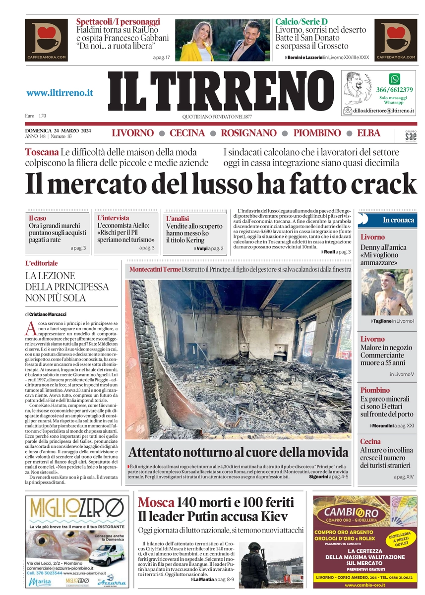 prima pagina - Il Tirreno (Livorno, Cecina) del 24/03/2024