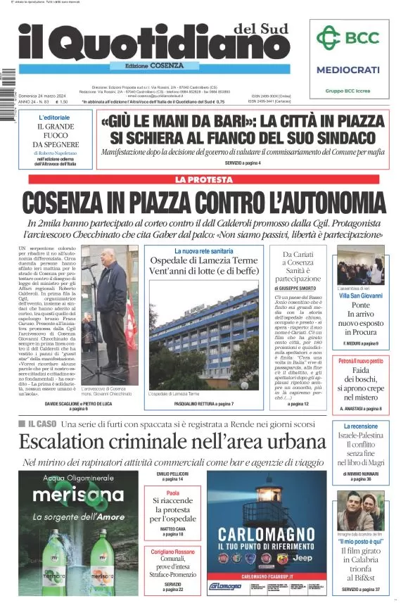 prima pagina - Il Quotidiano del Sud (Cosenza) del 24/03/2024