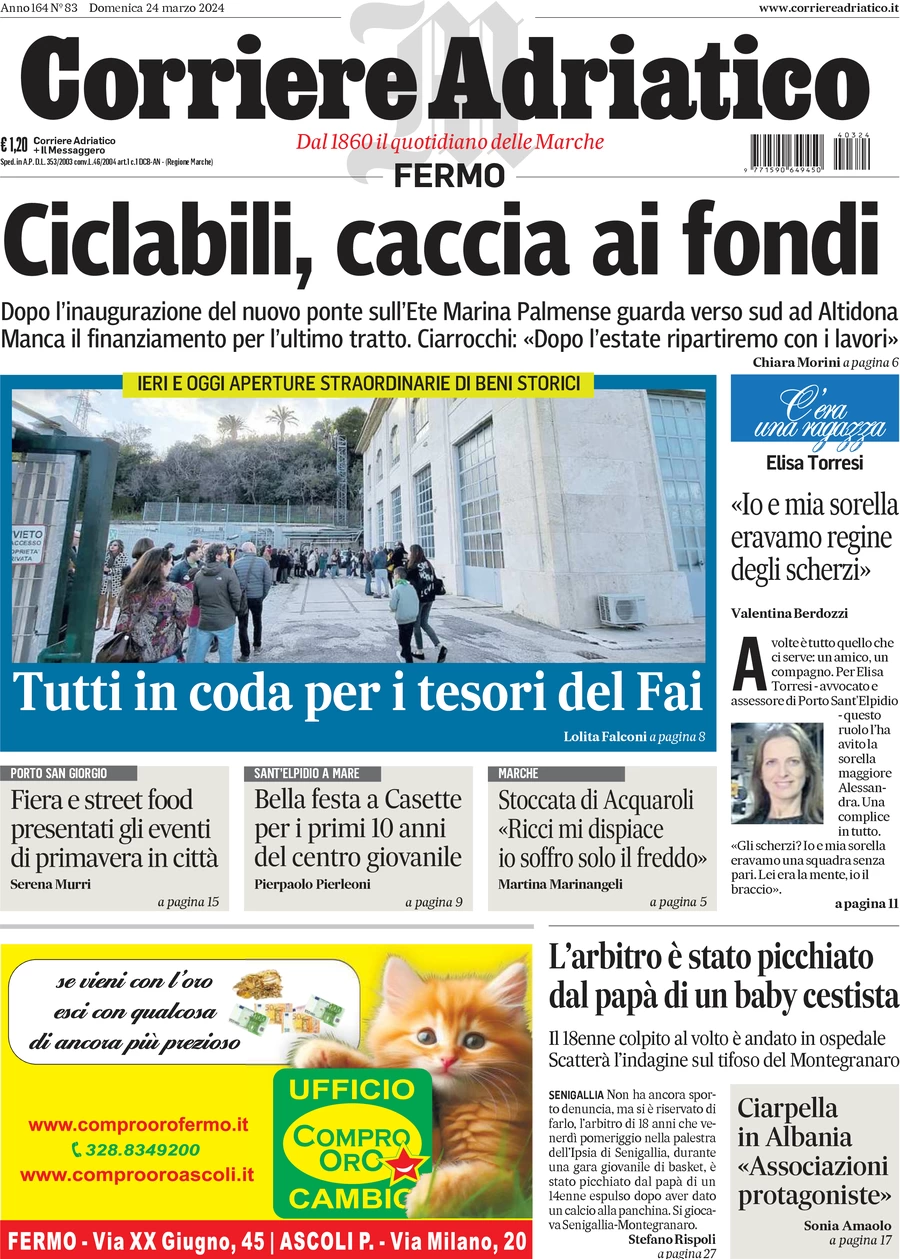 prima pagina - Corriere Adriatico (Fermo) del 24/03/2024