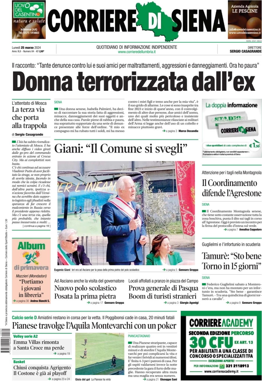 prima pagina - Corriere di Siena del 25/03/2024