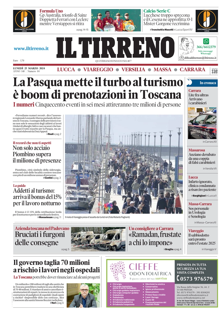 prima pagina - Il Tirreno (Lucca, Viareggio) del 25/03/2024