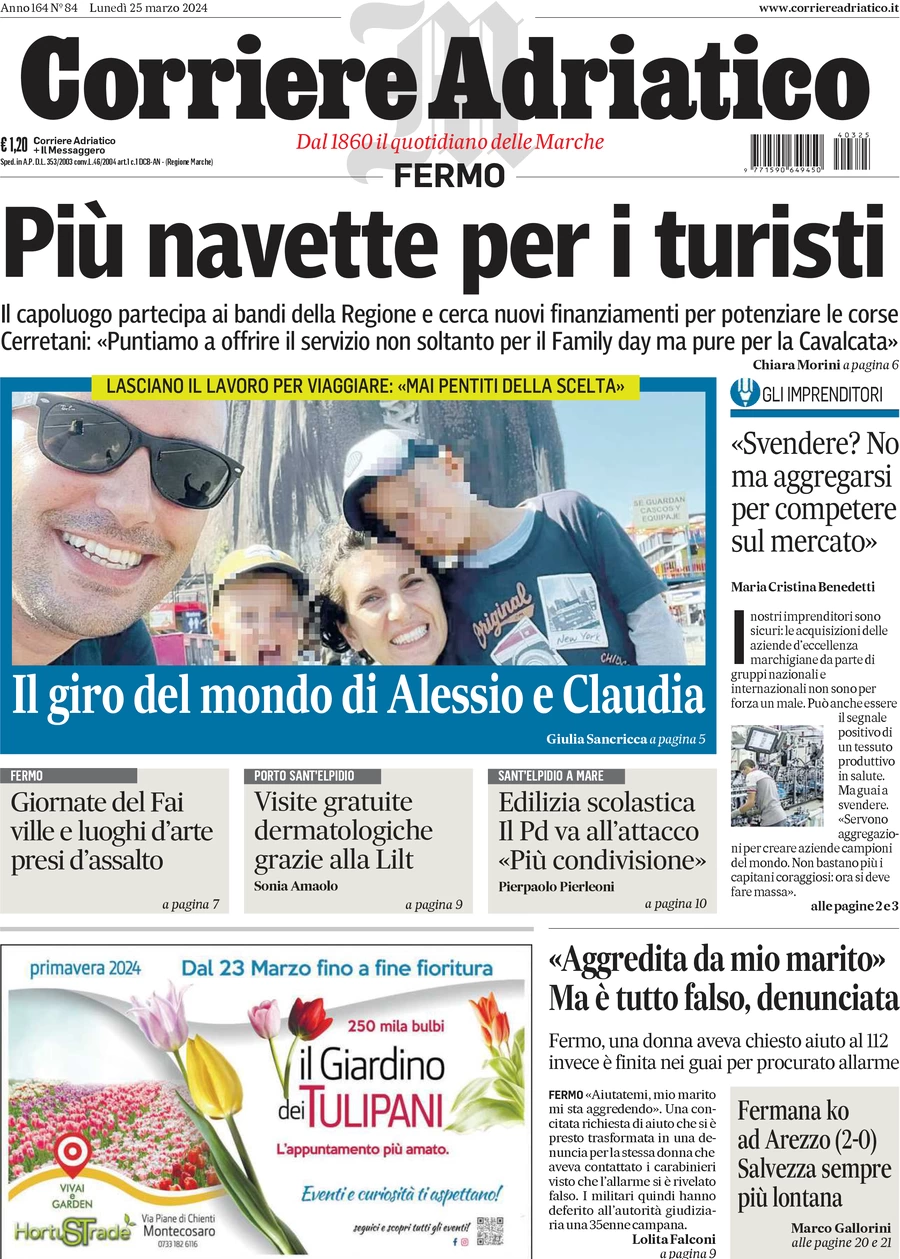 prima pagina - Corriere Adriatico (Fermo) del 25/03/2024