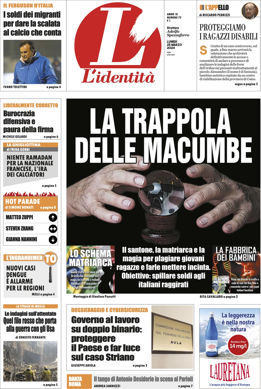 anteprima della prima pagina di lidentit del 25/03/2024